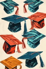 A series of stylized illustrations showcasing graduation hats in various colors and styles, isolated on a plain background, ideal for adding a festive touch to graduation announcements, invitations,