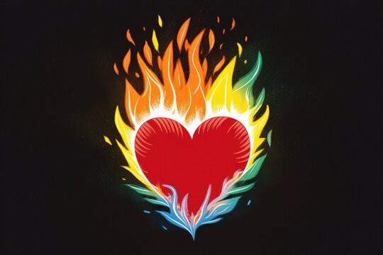 Illustration red heart in colorful glowing fire isolated on black background.