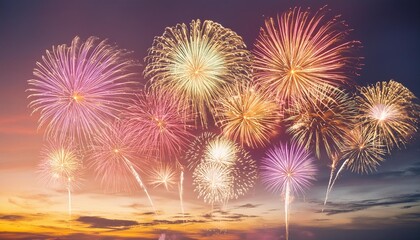 brightly colorful fireworks on twilight background party celebration concept