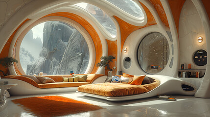 Vintage Styled Interior of a Futuristic Concept,
View of futuristic bedroom with furniture
