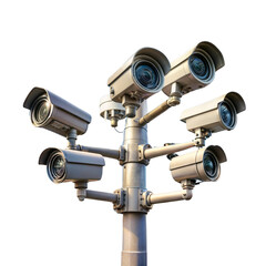 Many CCTV security surveillance cameras. Dystopian big brother spy and monitoring control concept, PNG transparent