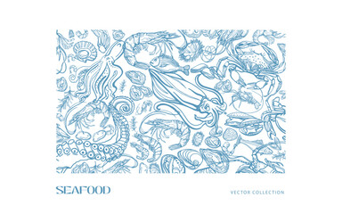 Isolated vector set of seafood. Shrimps, langoustines, prawns, salmon, trout, oysters, mussels, squid, crab, lemon, octopus, rosemary, sea urchin. Hand-drawn seafood delicacy, restaurant and marine.