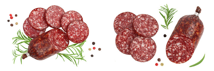 Smoked sausage salami with slices isolated on white background with full depth of field. Top view....