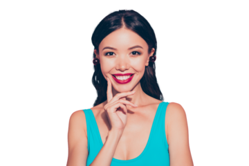 Portrait of nice cheerful cool sweet lovely adorable attractive winsome delicate wavy-haired girl red lips ripe cherries on ears touching chin isolated over pink pastel background