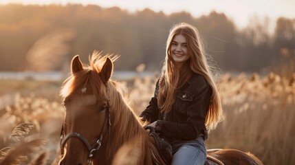 Fototapeta premium woman riding a horse along a stunning beach, her eyes gleaming with joy as she smiles.