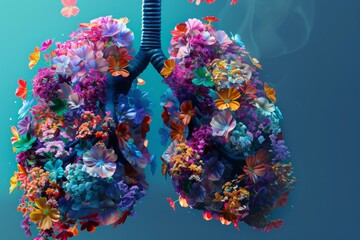 Lung made of colorful flowers. Generative AI illustrations