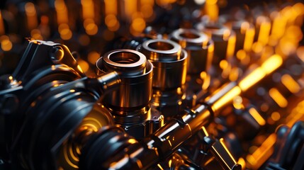 A close-up of engine pistons moving in slow motion, highlighted by sharp, dramatic lighting against a dark background, showcasing precision and power 