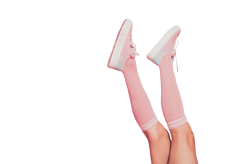 Cropped profile side view of long legs attractive slim fit thin sportive sporty perfect line shape form girl raising up isolated over pink pastel background