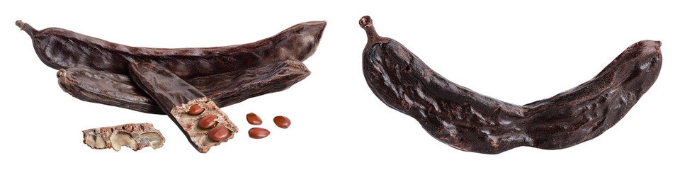 Ripe carob pods and bean isolated on white background with full depth of field