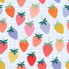 Abstract seamless pattern with colorful strawberries, modern background, summer wallpaper