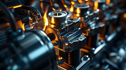 Fototapeta premium A close-up of engine pistons moving in slow motion, highlighted by sharp, dramatic lighting against a dark background, showcasing precision and power 