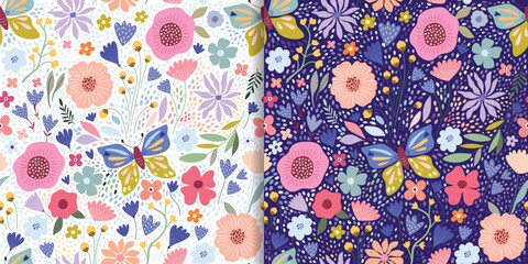 Summer floral seamless patterns set with colorful flowers, butterflies and plants, seasonal vegetation, decorative wallpapers, elegant backgrounds
