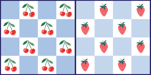 Summer seamless patterns set with cherries and strawberries, decorative background, groovy wallpapers, retro style