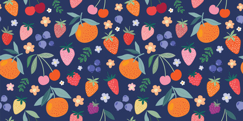 Fruits seamless pattern, decorative wallpaper with different  summer fruits, strawberry, raspberry, blueberry, cherries, small flowers and plants