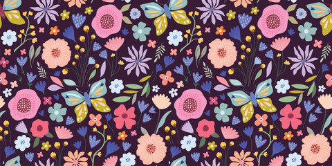 Summer floral seamless pattern with colorful flowers, butterflies and plants, seasonal vegetation, decorative wallpaper, background © lilett