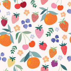 Fruits seamless pattern, decorative wallpaper with different  summer fruits, strawberry, raspberry, blueberry, cherries