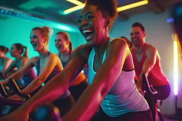 Group indoor cycling class with diverse participants focused on intense cardio workout and happiness, colorful lighting