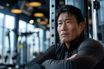 Asian man in gym with serious expression, wearing black athletic attire, gym equipment visible in background.