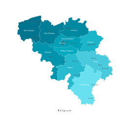 Vector modern illustration. Simplified geographical map of Belgium and nearest countries. White background. Names of belgian cities and provinces.