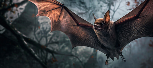 A bat flying in moonlit dark woods. A Bat amidst foggy trees.