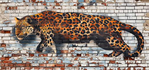 Vibrant jaguar mural on brick wall. Leopard graffiti street art.