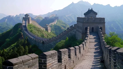 The Chinese great wall at Badaling in the mountains in the north of the capital Beijing. Wonder of the world. Beautiful view. Famous ancient wall of China. Travel concept. Asian history. Green hills.