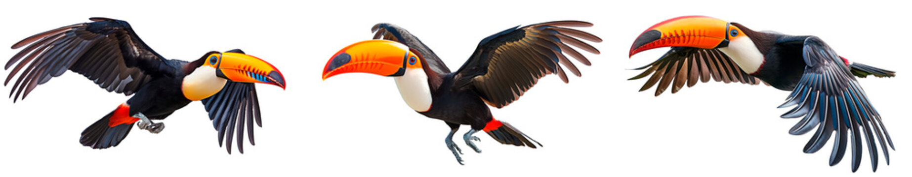Set of toco toucan (Ramphastos toco) in mid flight. Flying tropical bird isolated on transparent background.