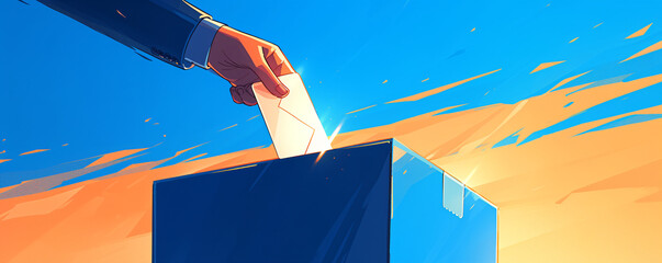 Male hand drops ballot paper in ballot box on blue background. European Union. European Parliament elections. Politic and voting concept. Banner with copy space