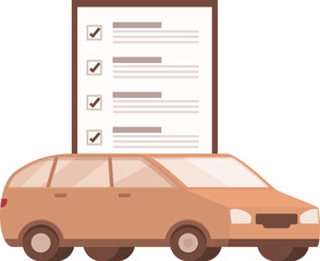 Illustration of a cartoon car with a detailed inspection checklist in the background