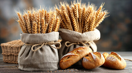Bountiful Sheaves of Golden Wheat Tied in Linen Cloths Paired with Crusty Fresh Bread, Symbolizing Harvest and Homemade Bounty