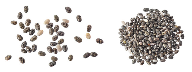 Chia seeds isolated on white background with full depth of field. Top view. Flat lay.