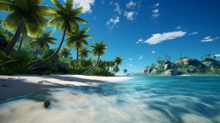 Tropical beach panorama with palm trees and blue sky.
