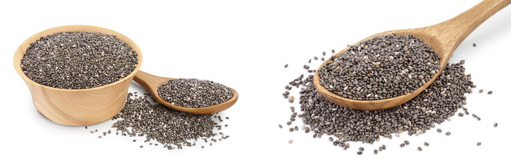 Chia seeds in wooden bowl isolated on white background with full depth of field.