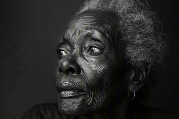 Older woman with curly hair gazing up, dramatic engaging black and white portrait, for advertising