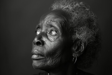 Curly-haired woman looking up, charismatic engaging black and white portrait for marketing campaign