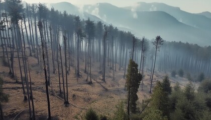 wild forest fire burned trees after forest fires lots of smoke natural disasters concept generative ai