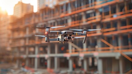 Drone hovering against a blurred building construction backdrop.