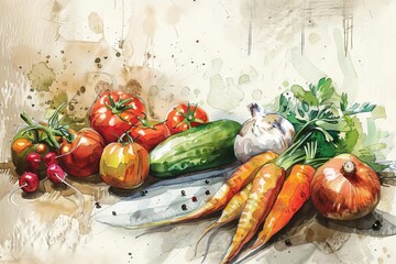 rustic cookbook cover with handdrawn illustrations of fresh produce watercolor and sketch
