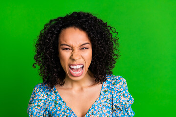 Photo of furious angry lady dressed blue top shouting you empty space isolated green color background