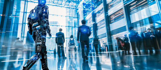 A robot walks through a busy city street with people walking behind it. The robot is surrounded by a blue background, giving the impression of a futuristic cityscape