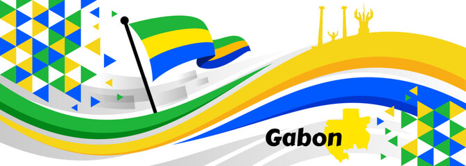 Gabon Independence Day lettering in French with flag. National holiday celebrate on August 17. Easy to edit vector template for banner, typography poster, flyer, sticker, greeting card, postcard, etc.