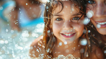 Happy Family - Mother and Daughter Laughing in Summer Sunny Pool. Generative ai.