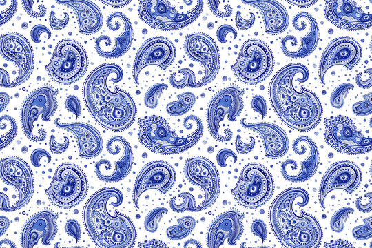 Blue paisley pattern with intricate designs on a white background. Seamless tile perfect for fashion, decor, or fabric projects. Elegant and classic ornamentation