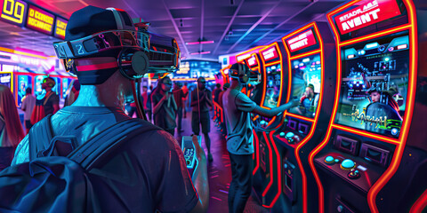The Augmented Reality Arcade: A bustling arcade filled with players wielding augmented reality goggles, interacting with holographic game screens