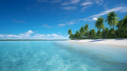 Panoramic view of a tropical beach with palm trees and blue sky