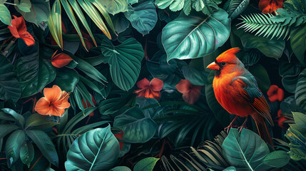 Artistic wall decoration depicting a paradise garden with tropical leaves and an exotic bird, rendered in a modern style