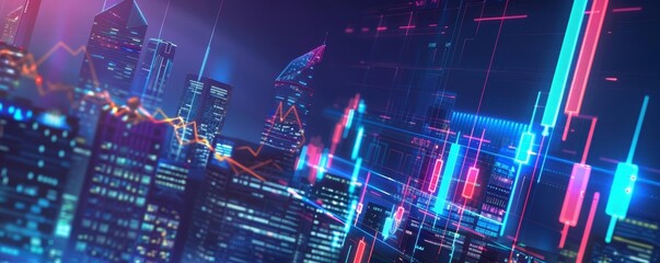 Obraz premium Digital financial analytics, investment trends, futuristic city background, economic data visualization, neon lights