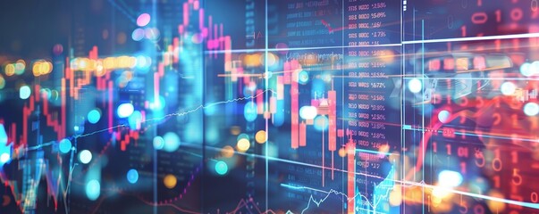 Obraz premium Financial data analysis on digital screens, futuristic interface, economic growth trends, city lights background, hightech ambiance