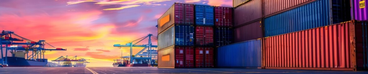 Fototapeta premium Stacked cargo containers at a shipping terminal, sunset glow, industrial scene, vibrant hues, port infrastructure