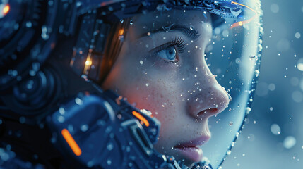 Close up portrait of a female astronaut wearing a space suit. Human in space concept